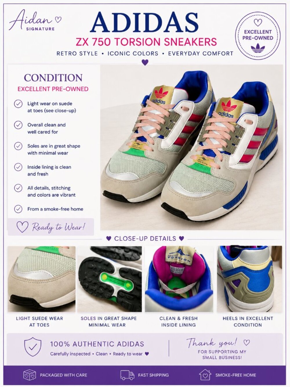 Adidas ZX 750 Torsion Sneakers Women's Size 10 | Retro Running Shoes - Picture 2 of 12
